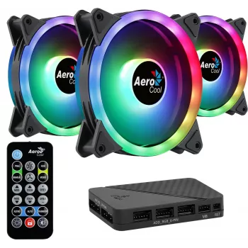 Aerocool DUO12PRO zestaw 3x wentylator 12 cm ARGB LED podwójny pierścień antywibracyjny 6 pinów, czarny