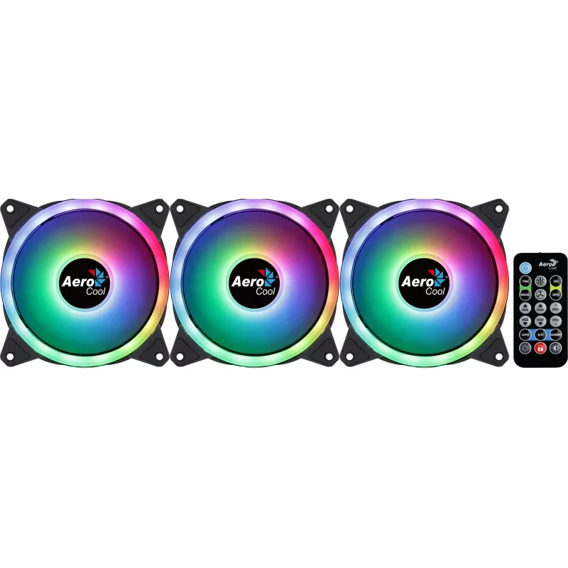 Aerocool DUO12PRO zestaw 3x wentylator 12 cm ARGB LED podwójny pierścień antywibracyjny 6 pinów, czarny