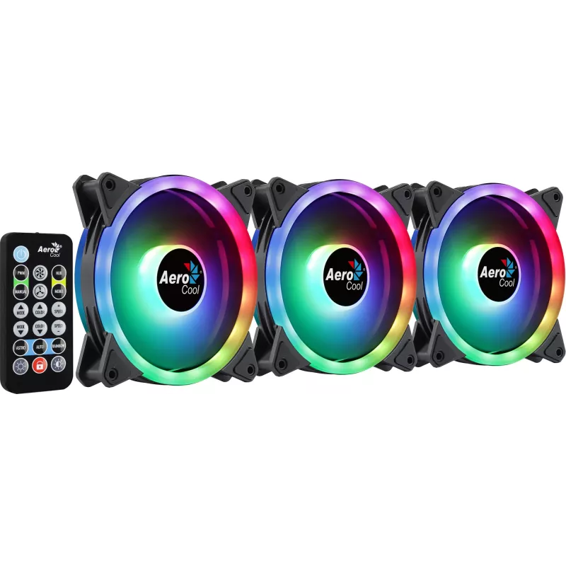 Aerocool DUO12PRO zestaw 3x wentylator 12 cm ARGB LED podwójny pierścień antywibracyjny 6 pinów, czarny