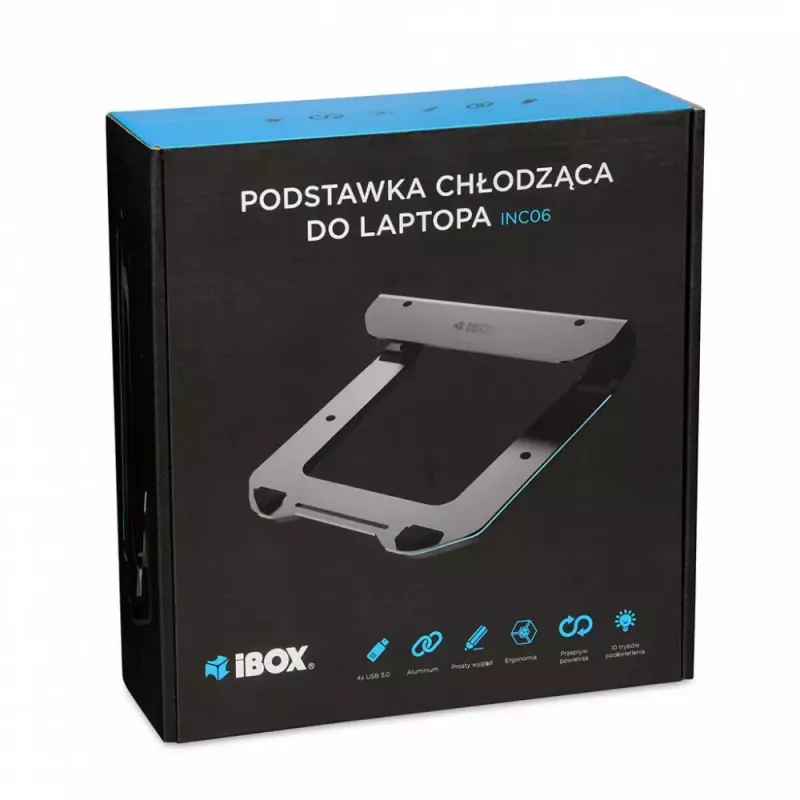 Podstawka chłodząca do laptopa IBOX NC06 do 17,3 cala – aluminiowa, regulowana wysokość, 4 porty USB, ciche wentylatory