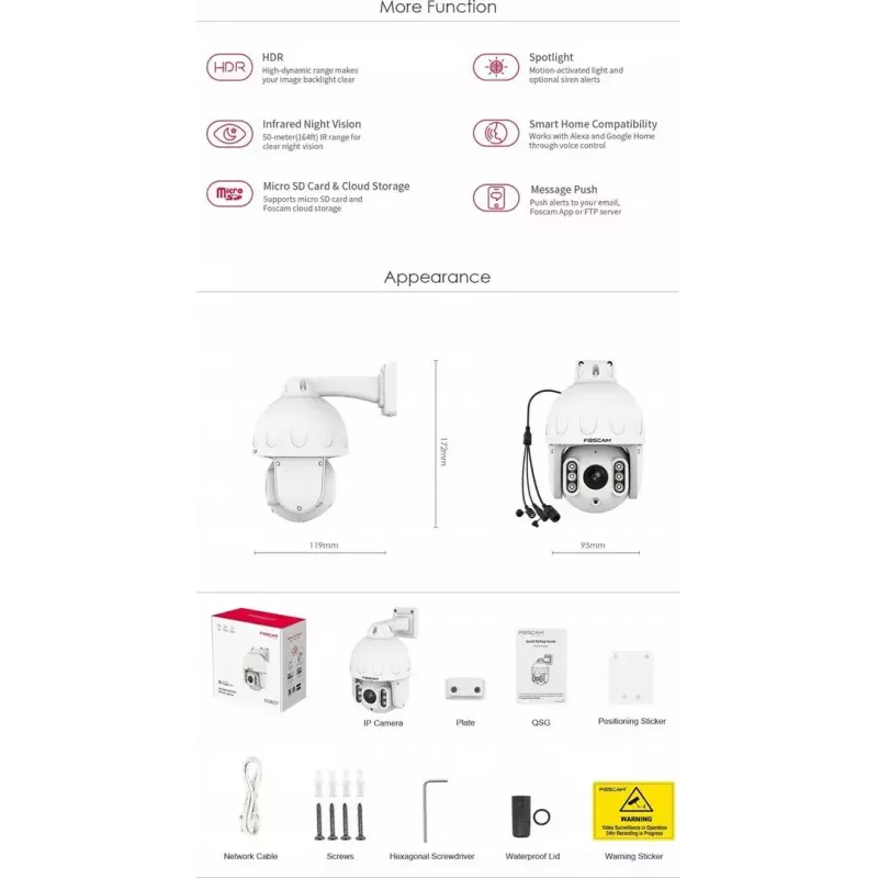 Kamera bezpieczeństwa IP PTZ Foscam SD8EP — 8 MP, 4-krotny zoom optyczny, 6-krotny cyfrowy, obrót 355°, nachylenie 90°, IP66, zewnętrzna, biała