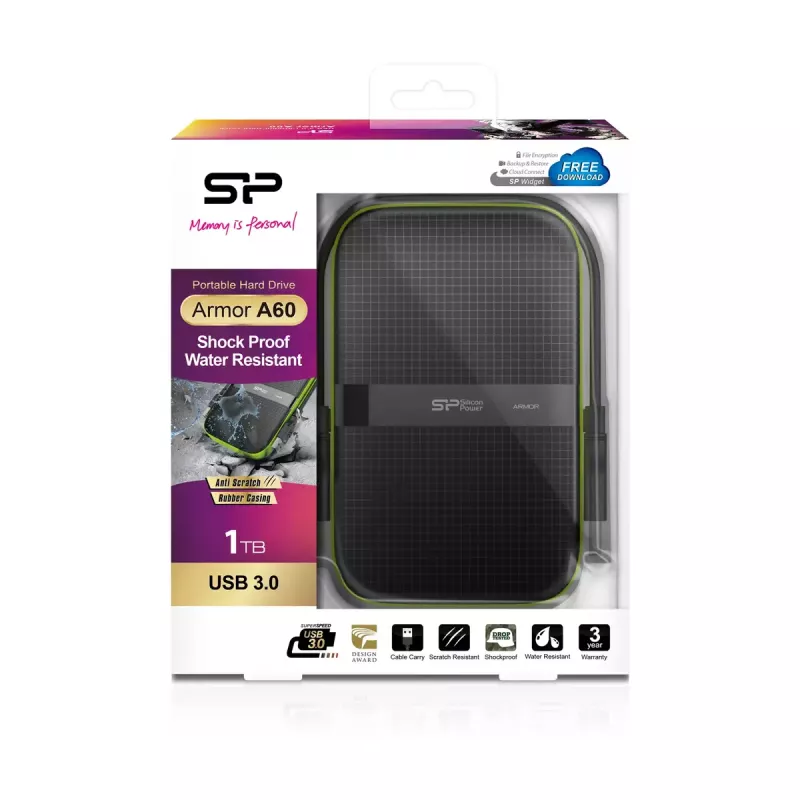 Zewnętrzny HDD Silicon Power Armor A60 1 TB 2,5 cala USB 3.2 Gen 1, odporny na wstrząsy, AES-256, czarny