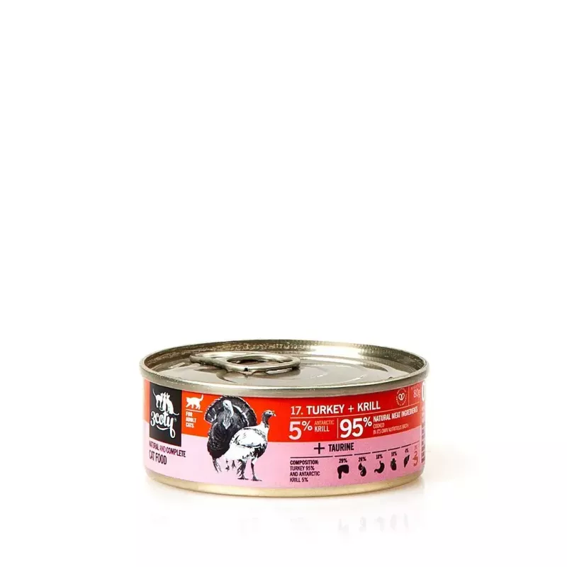 Mokra karma dla kota 3coty Indyk z krylem 80 g — pełnoporcjowa mokra karma dla dorosłych kotów, puszka 80 g, białko 19%, tłuszcz 7%
