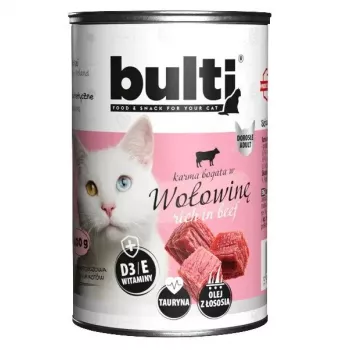 mokra karma dla kota BULT Rich in beef 400 g — adult complete canned wet food, 77% moisture, 9% protein, gluten- and soy-free