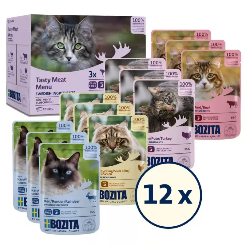Mokra karma dla kota BOZITA 85 g saszetka — wołowina, kurczak, dziczyzna, indyk, bezzbożowa, dla dorosłych kotów, opakowanie 12×85 g