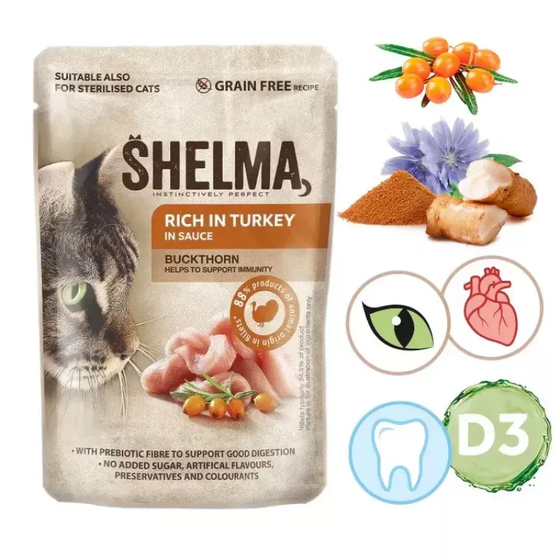 Mokra karma dla kota SHELMA Rich in turkey w sosie 85 g — dorosłe, bezglutenowa, odpowiednia dla alergików