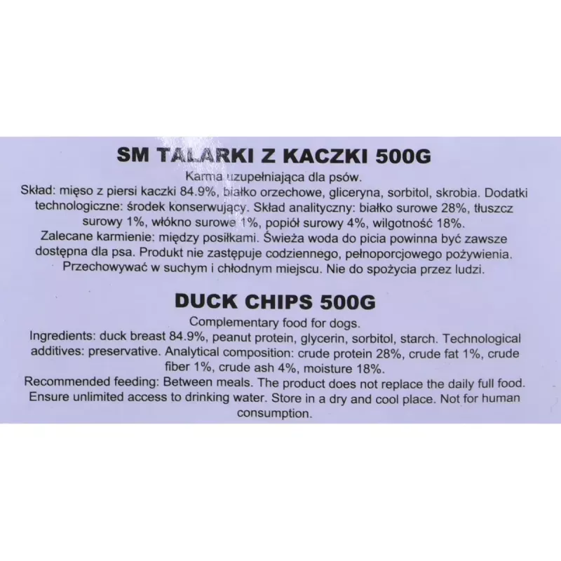 Przysmak dla psa MACED Chipsy z kaczki 500 g — jednoskładnikowa przekąska z kaczki, 500 g, białko 28%, tłuszcz 1%