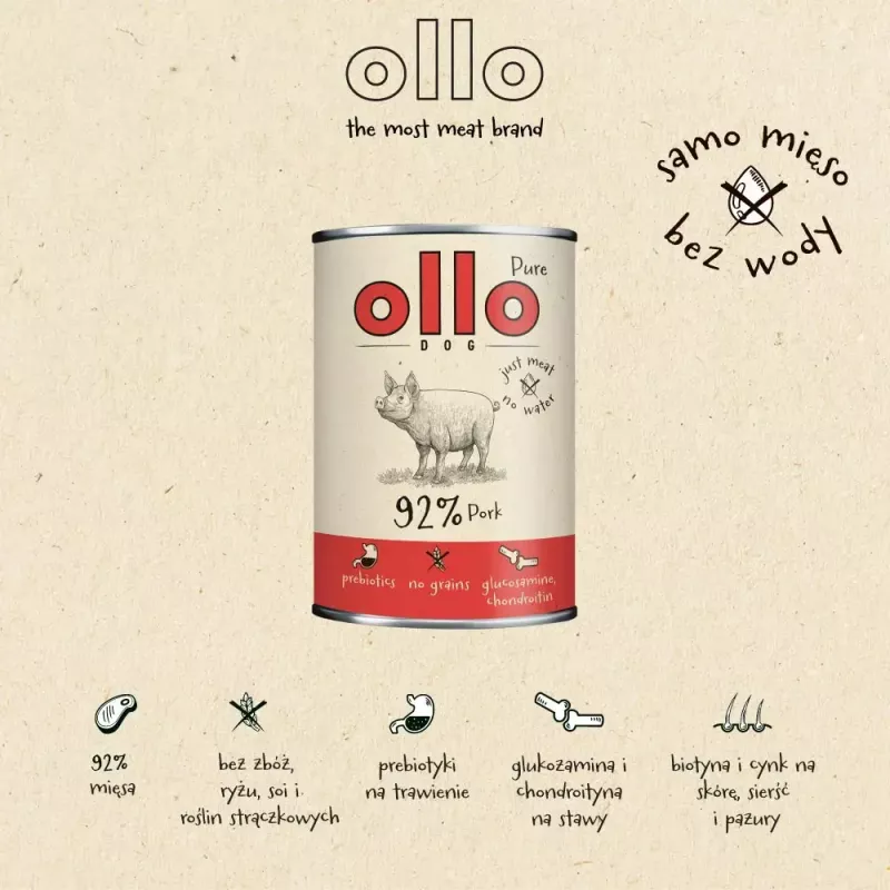 Mokra karma dla psa OLLO Pure Pork 850 g — kompletna mokra karma dla dorosłych psów, monobiałkowa, 17% białka, 11,5% tłuszczu, 63% wilgotności