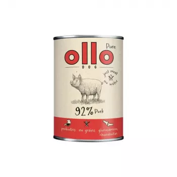 Mokra karma dla psa OLLO Pure Pork 850 g — kompletna mokra karma dla dorosłych psów, monobiałkowa, 17% białka, 11,5% tłuszczu, 63% wilgotności