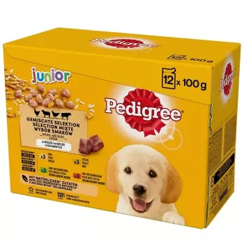 Mokra karma dla psa Pedigree Junior Selection Mix 12×100g — mokra karma dla szczeniąt, 12 saszetek (100 g), wilgotność 80,5%, białko 8,5%, tłuszcz 6%