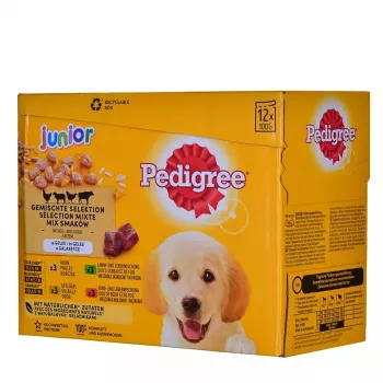Mokra karma dla psa Pedigree Junior Selection Mix 12×100g — mokra karma dla szczeniąt, 12 saszetek (100 g), wilgotność 80,5%, białko 8,5%, tłuszcz 6%