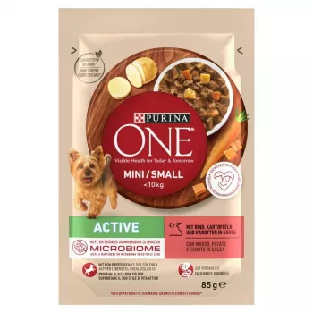 Mokra karma dla psa Purina Nestlé One Mini/Small Active Beef 85 g — mokra karma dla dorosłych psów małych ras, 76,4% wilgotności, 12,5% białka