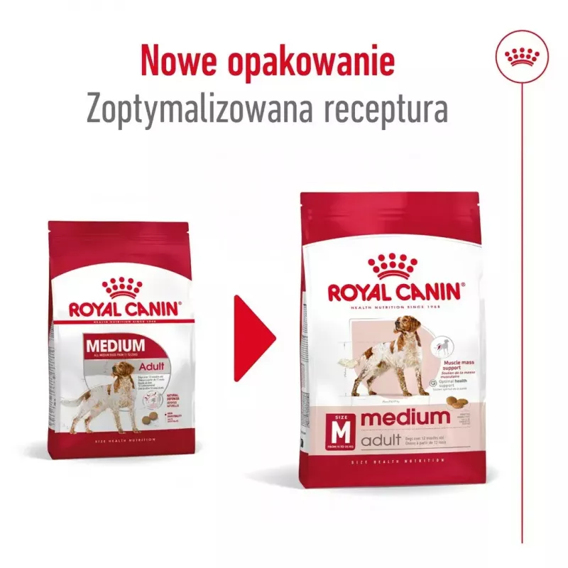 Sucha karma dla psa Royal Canin Medium Adult — kurczak i wieprzowina, 4 kg; białko 25%, tłuszcz 14%