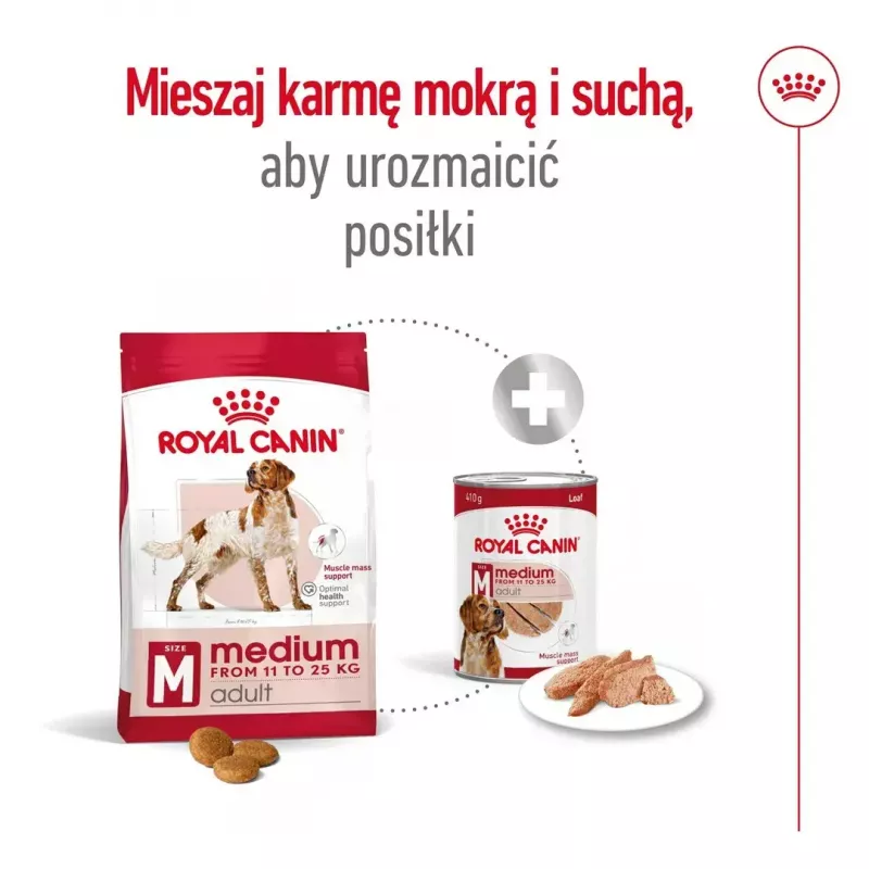 Sucha karma dla psa Royal Canin Medium Adult — kurczak i wieprzowina, 4 kg; białko 25%, tłuszcz 14%