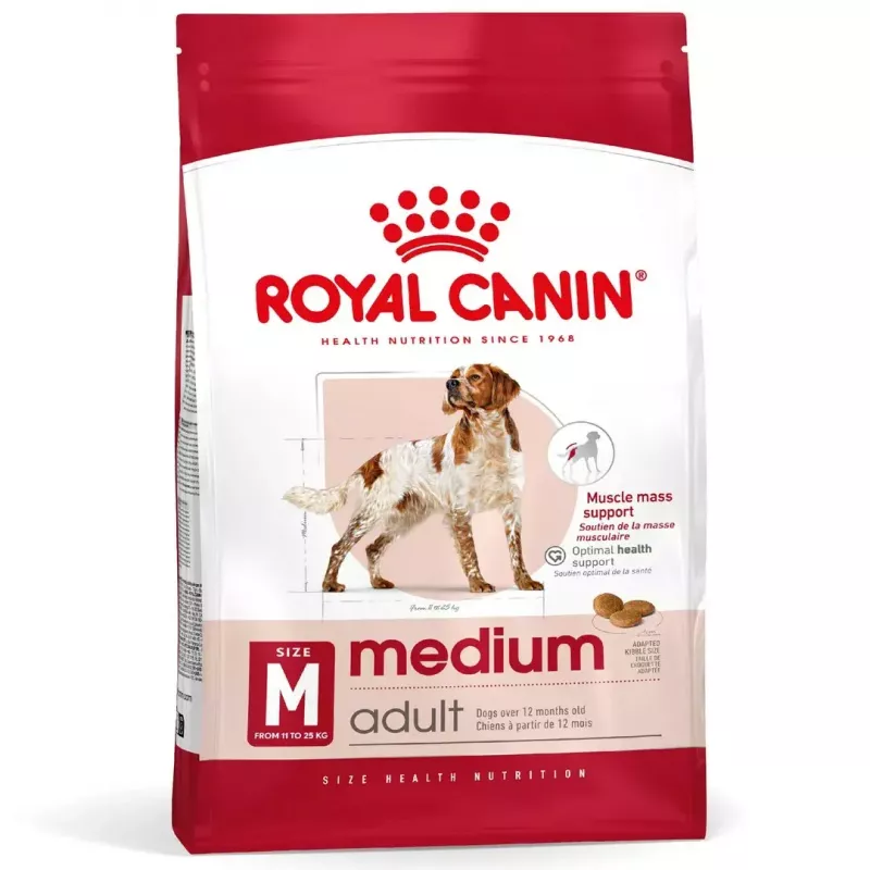 Sucha karma dla psa Royal Canin Medium Adult — kurczak i wieprzowina, 4 kg; białko 25%, tłuszcz 14%