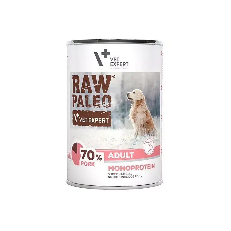 Mokra karma dla psa VETEXPERT RAW PALEO Adult Monoprotein Pork 400 g, puszka, 72,6% wilgotność