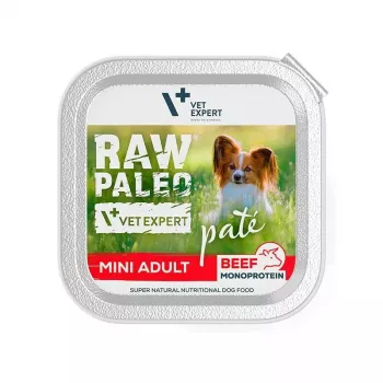 Mokra karma dla psa VETEXPERT RAW PALEO Pasztet Mini Adult Wołowina 150 g — kompletna karma puszkowana dla dorosłych psów małych ras, 80% wilgotności, 10% białka