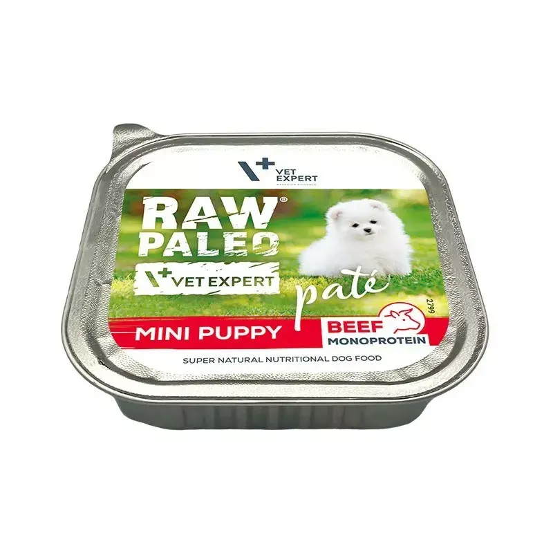 Mokra karma dla szczeniąt VETEXPERT RAW PALEO Pate Mini Beef — jednobiałkowa wołowina 150 g puszka dla szczeniąt małych ras