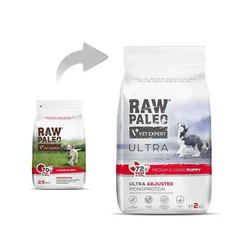 Sucha karma dla szczeniąt VETEXPERT RAW PALEO Ultra Medium & Large Beef 2 kg — wołowina, białko 30,5%, tłuszcz 16,5%