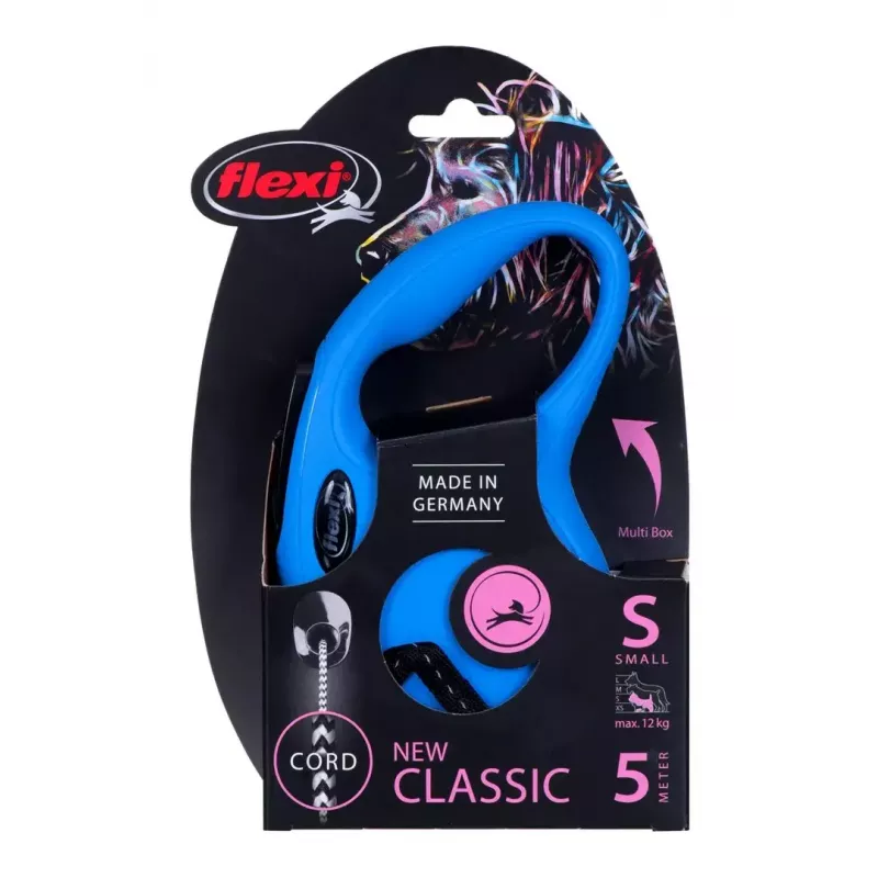 Automatyczna smycz dla psa Flexi New Classic S — linka, 5 m, pojedyncza smycz, niebieski, maks. obciążenie 12 kg