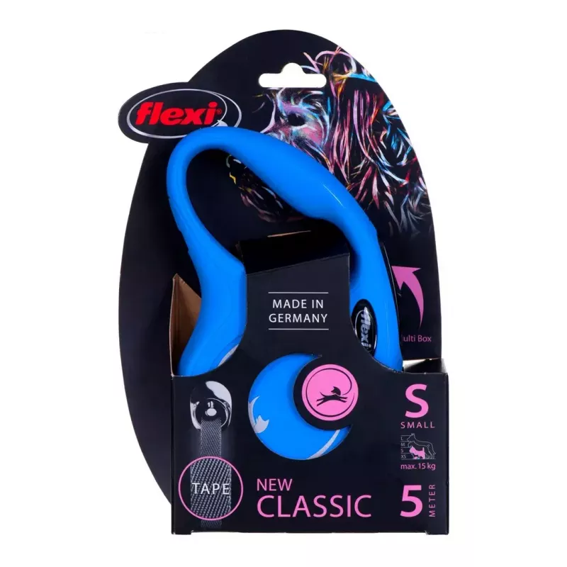 Smycz automatyczna Flexi New Classic S, smycz linkowa, długość 5 m, dla małych psów 5–10 kg, maks. obciążenie 15 kg, niebieska