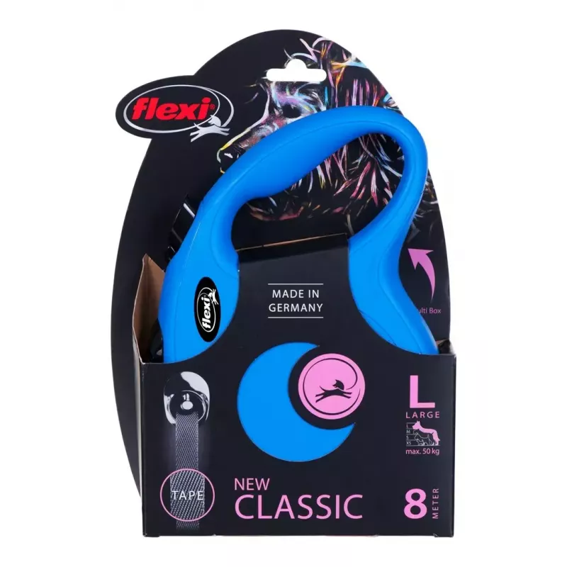 Smycz automatyczna Flexi New Classic 8 m — smycz linkowa Flexi 8 m, niebieska, L, maks. obciążenie 50 kg