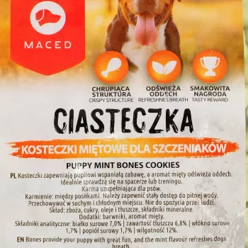 Przysmaki treningowe dla psów MACED Puppy Mint Bones Cookies 1 kg — miętowe ciasteczka dla szczeniąt, opakowanie plastikowe 1 kg