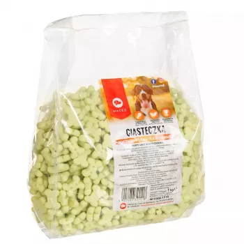 Przysmaki treningowe dla psów MACED Puppy Mint Bones Cookies 1 kg — miętowe ciasteczka dla szczeniąt, opakowanie plastikowe 1 kg