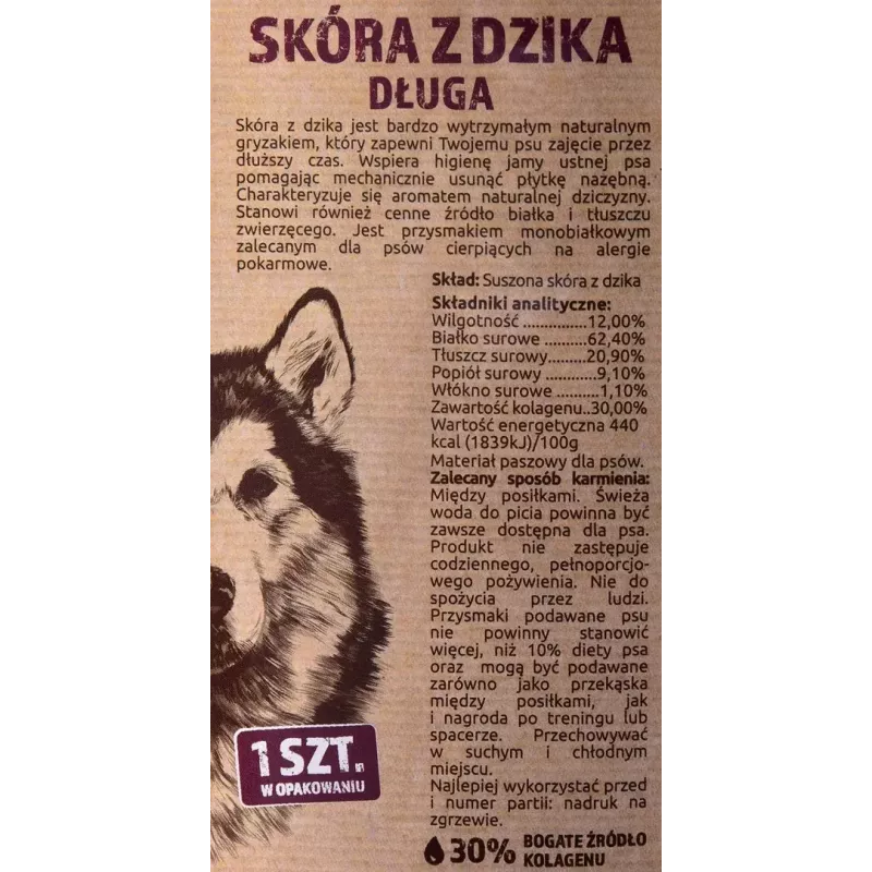 Gryzak dla psa MACED Skóra dzika 45 cm — naturalny gryzak ze skóry, 40 g, smak dziczyzny, bez cukru i glutenu