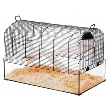 Klatka szklana ZOLUX NeoPanas XL dla gryzoni, czarna, wymiary 710×410×490 mm, wysokość szklanej tacy 180 mm, zawiera 2 półki, 2 platformy, miseczkę, domek, kołowrotek