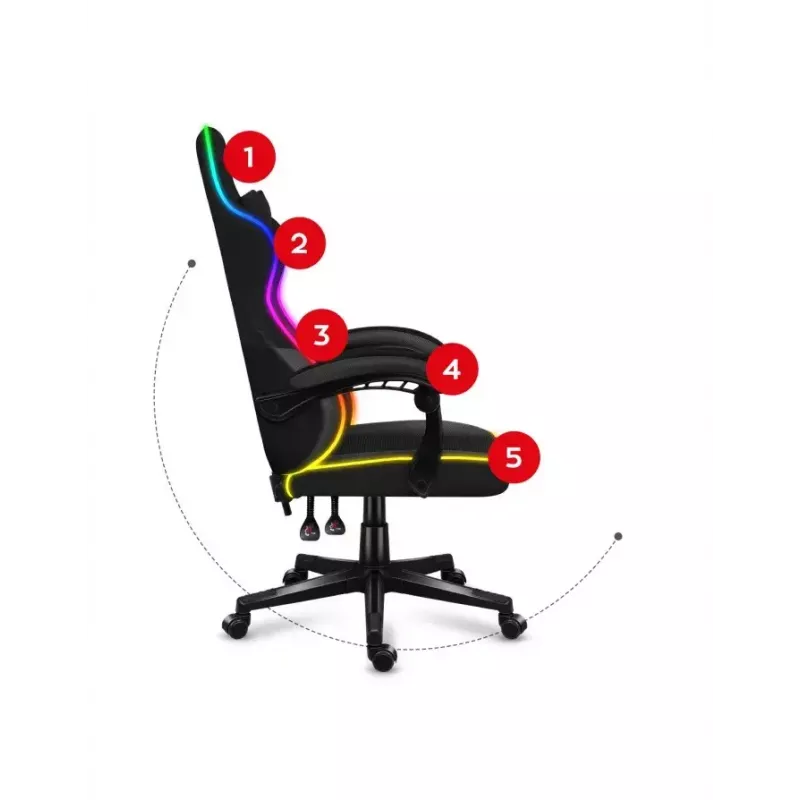 Fotel gamingowy Huzaro FORCE 4.4 RGB Czarny — obszyty tkaniną kubełkowy fotel, maks. 130 kg, regulowane oparcie, wysokość 115–125 cm, podświetlenie RGB