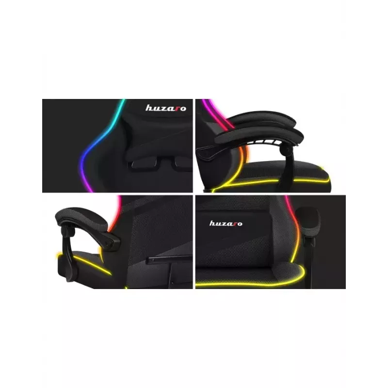 Fotel gamingowy Huzaro FORCE 4.4 RGB Czarny — obszyty tkaniną kubełkowy fotel, maks. 130 kg, regulowane oparcie, wysokość 115–125 cm, podświetlenie RGB