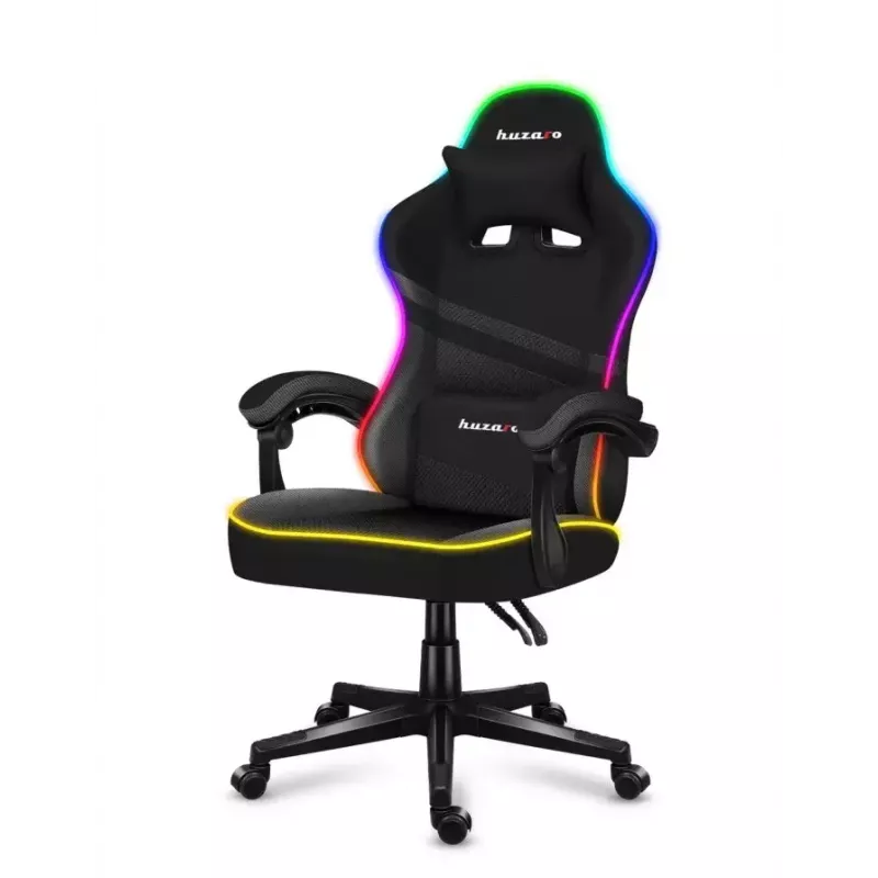 Fotel gamingowy Huzaro FORCE 4.4 RGB Czarny — obszyty tkaniną kubełkowy fotel, maks. 130 kg, regulowane oparcie, wysokość 115–125 cm, podświetlenie RGB