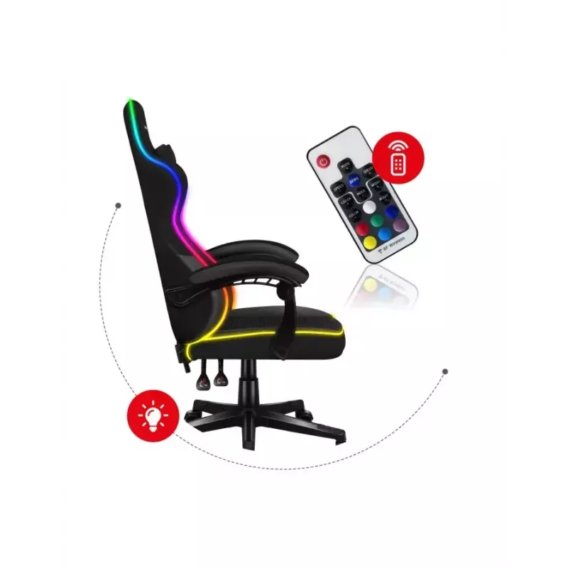 Fotel gamingowy Huzaro FORCE 4.4 RGB Czarny — obszyty tkaniną kubełkowy fotel, maks. 130 kg, regulowane oparcie, wysokość 115–125 cm, podświetlenie RGB