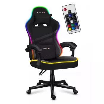 Fotel gamingowy Huzaro FORCE 4.4 RGB Czarny — obszyty tkaniną kubełkowy fotel, maks. 130 kg, regulowane oparcie, wysokość 115–125 cm, podświetlenie RGB
