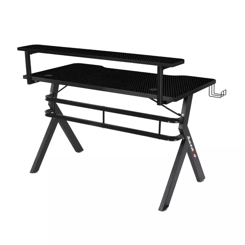 Biurko gamingowe Huzaro Hero 5.0 Czarny — prosty aluminiowy stelaż, blat z włókna węglowego 1200×600 mm