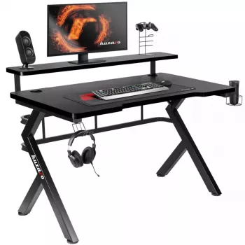 Biurko gamingowe Huzaro Hero 5.0 Czarny — prosty aluminiowy stelaż, blat z włókna węglowego 1200×600 mm