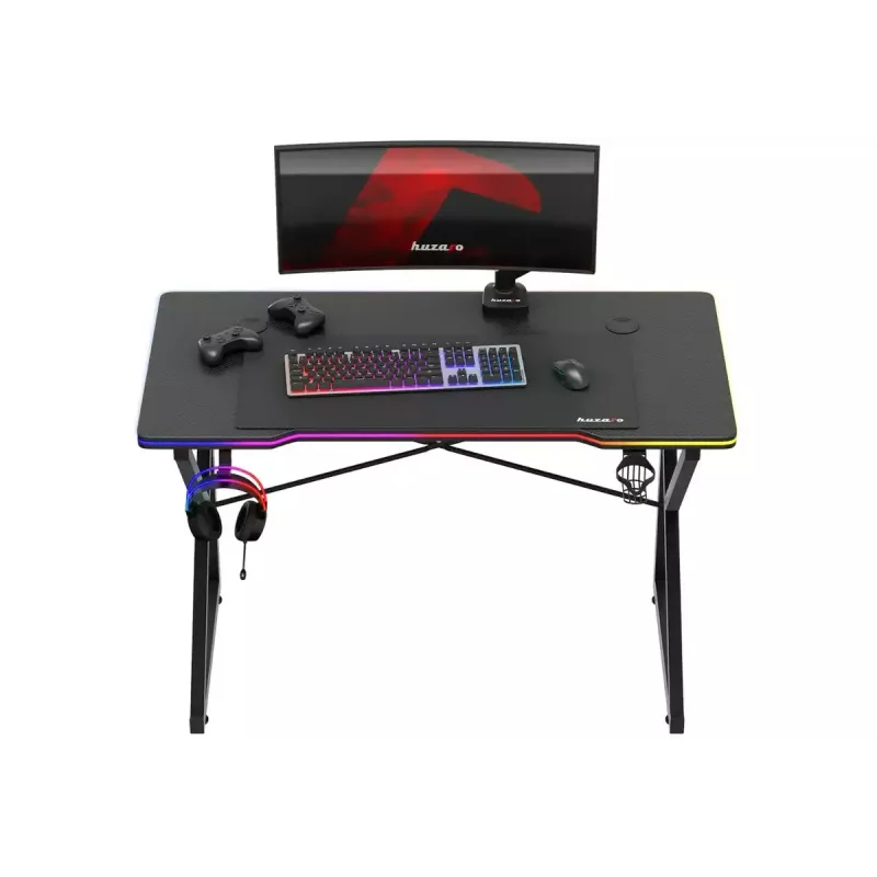 Stół gamingowy Huzaro Hero 1.7 RGB Czarny — proste ergonomiczne biurko 1200x600 mm, wysokość 750 mm, LED, uchwyt na kubek, haczyk na słuchawki