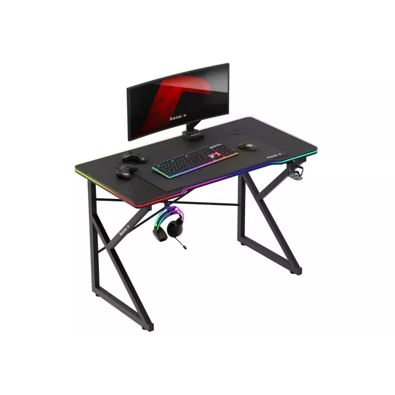 Stół gamingowy Huzaro Hero 1.7 RGB Czarny — proste ergonomiczne biurko 1200x600 mm, wysokość 750 mm, LED, uchwyt na kubek, haczyk na słuchawki