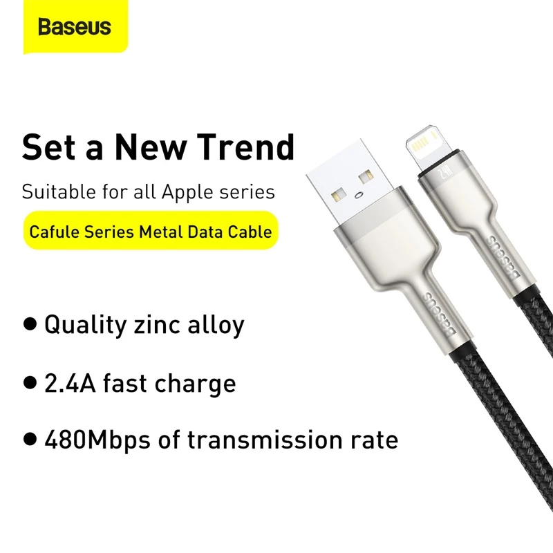 BASEUS Fast Charge Cafule Data Transfer kabel - USB Type-A do Lightning - 480Mbps (2.4A PD) - 1m - Czarny