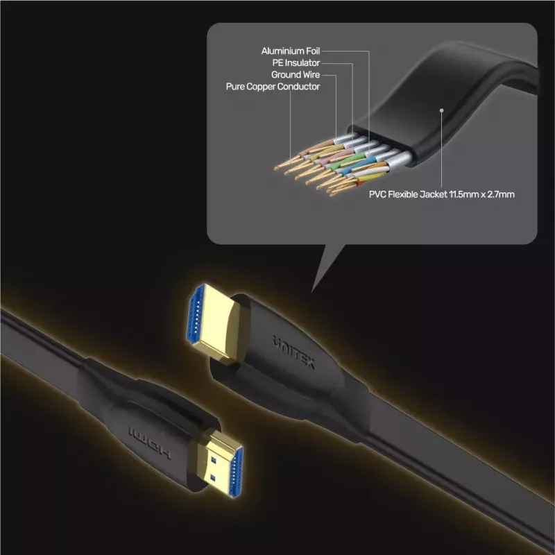 Kabel HDMI Unitek C11063BK-2M 2 m, HDMI 2.0, 18 Gbit/s, 4K@60Hz, ARC, płaski czarny