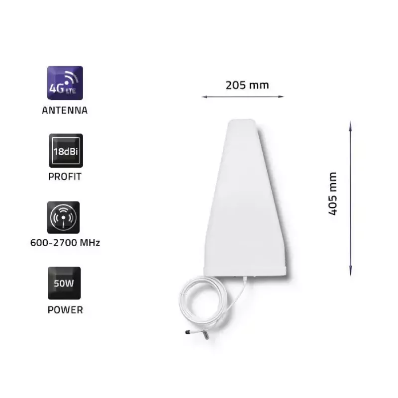 Zewnętrzna antena 4G LTE QOLTEC 57021 — zysk 18 dBi, 600–2700 MHz, 50 Ω, 50 W, biała obudowa z tworzywa sztucznego
