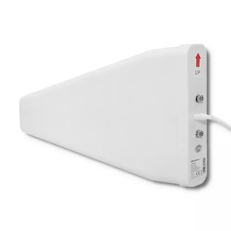 Zewnętrzna antena 4G LTE QOLTEC 57021 — zysk 18 dBi, 600–2700 MHz, 50 Ω, 50 W, biała obudowa z tworzywa sztucznego