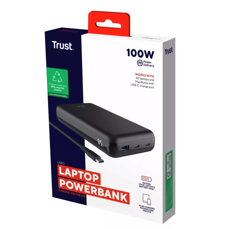 Trust Laro - Powerbank - 20000 mAh - 100 Watt - 5 A - QC 3,0, Power Delivery 3,0 + PPS - 3 Ausgabeanschlussstellen (4 pin USB Type A (QC 3,0), 2 x 24-
