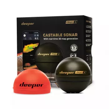 Przenośny echosonda deeper Smart Sonar CHIRP+3 Wi‑Fi — zarzucany echosonda bezprzewodowy, maks. głębokość 100 m, kąty stożka 47°/20°/7°, Wi‑Fi, GPS/GLONASS