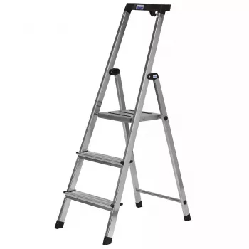 Składana drabinka Krause 126313 — aluminiowy podest 3-stopniowy, maks. wysokość 140 cm, obciążenie 150 kg, antypoślizgowe stopnie i stopki