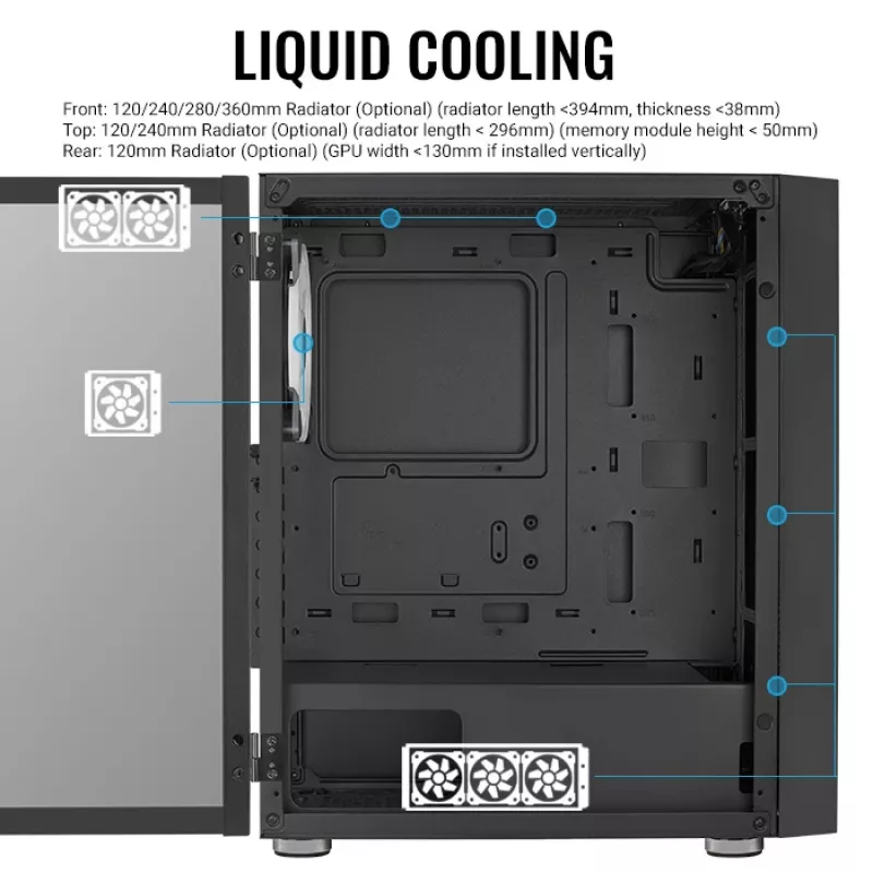 Obudowa PC Midi Tower AEROCOOL Graphite‑G‑BK‑v2 — Czarna, ATX/Micro‑ATX/Mini‑ITX, przód 2×140 mm + tył 1×140 mm