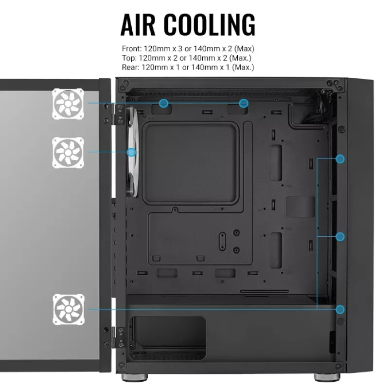 Obudowa PC Midi Tower AEROCOOL Graphite‑G‑BK‑v2 — Czarna, ATX/Micro‑ATX/Mini‑ITX, przód 2×140 mm + tył 1×140 mm