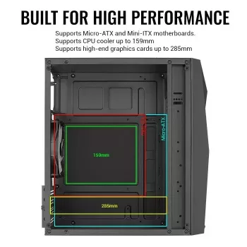 Obudowa PC AEROCOOL Raider Mini G V3 Mini-ITX / microATX, czarna, okno boczne, zielone LED, maks. GPU 285 mm, chłodzenie CPU 159 mm