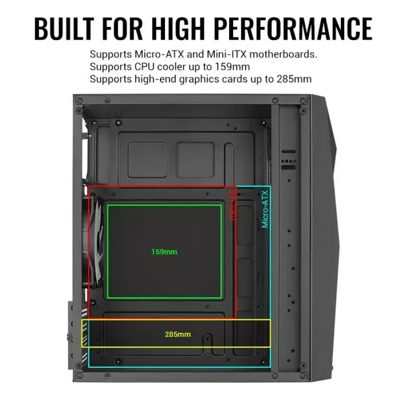 Obudowa PC AEROCOOL Raider Mini G V3 Mini-ITX / microATX, czarna, okno boczne, zielone LED, maks. GPU 285 mm, chłodzenie CPU 159 mm